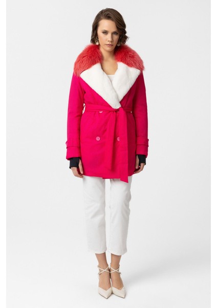 Pembe Luna Kürk Yaka Kuşaklı Uzun Kumaş Kaban fiyatları