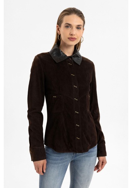 Kahve Eylin Kadın Hakiki Süet Gömlek