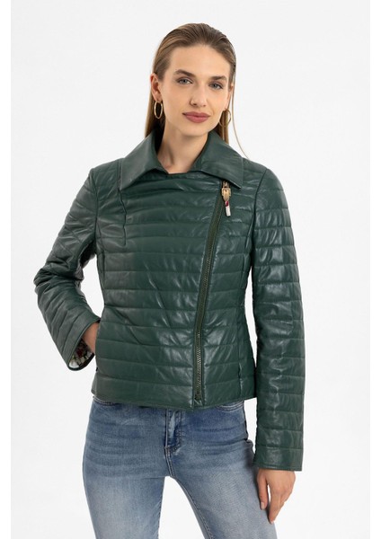 Yeşil Elise Kadın Kapitone Dikişli Hakiki Deri Mont