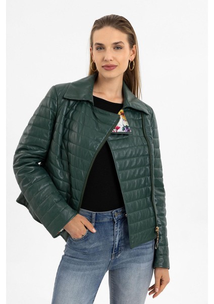 Yeşil Elise Kadın Kapitone Dikişli Hakiki Deri Mont fiyatları