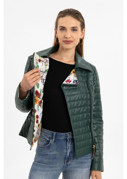 Yeşil Elise Kadın Kapitone Dikişli Hakiki Deri Mont modelleri