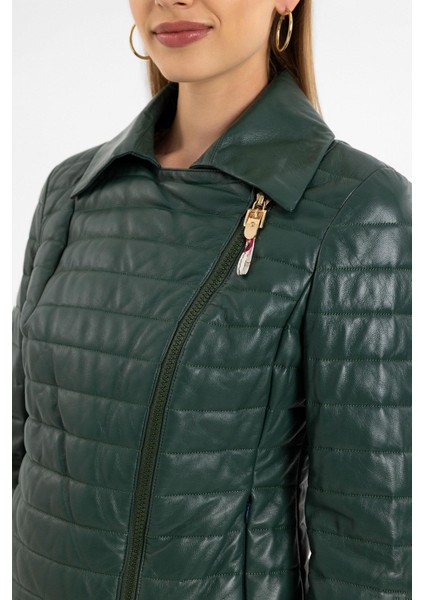 Yeşil Elise Kadın Kapitone Dikişli Hakiki Deri Mont indirimleri