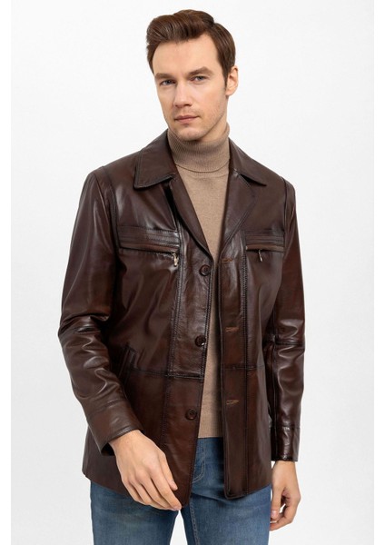 Kahve Douglas Düğmeli Astarlı Bele Oturan Erkek Deri Kaban