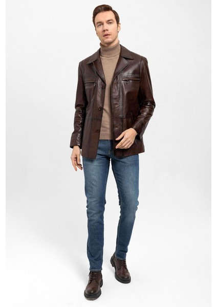 Kahve Douglas Düğmeli Astarlı Bele Oturan Erkek Deri Kaban modelleri