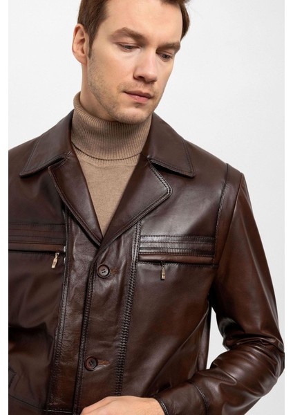 Kahve Douglas Düğmeli Astarlı Bele Oturan Erkek Deri Kaban fırsatları