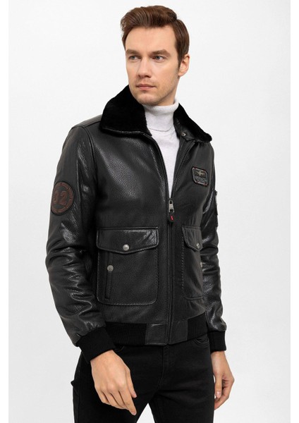 Siyah Top Gun Yaka Kürklü Erkek Hakiki Deri Mont modelleri
