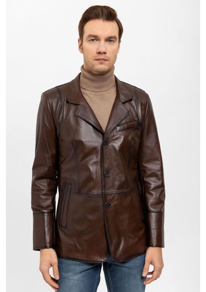 Kahve Blazer Düğmeli Astarlı Erkek Hakiki Deri Ceket fiyatları