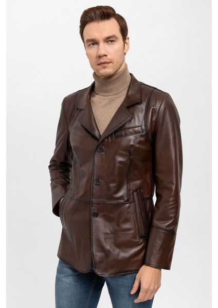 Kahve Blazer Düğmeli Astarlı Erkek Hakiki Deri Ceket modelleri