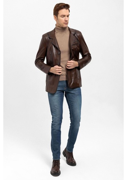 Kahve Blazer Düğmeli Astarlı Erkek Hakiki Deri Ceket fırsatları