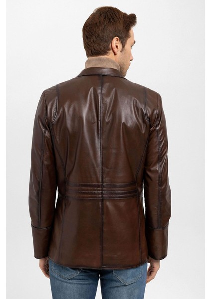 Kahve Blazer Düğmeli Astarlı Erkek Hakiki Deri Ceket indirimleri