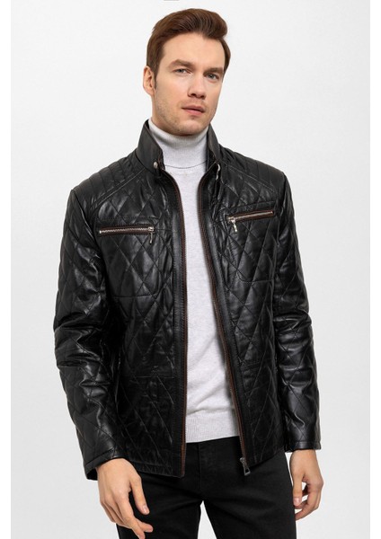 Siyah Mateo Erkek Kapitone Dikişli Deri Kaban