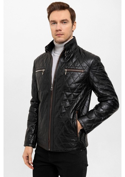 Siyah Mateo Erkek Kapitone Dikişli Deri Kaban modelleri