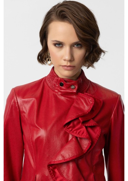 Kırmızı Farah Yandan Fermuarlı Fırfır Detaylı Astarlı Kadın Hakiki Deri Mont