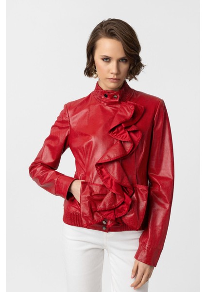 Kırmızı Farah Yandan Fermuarlı Fırfır Detaylı Astarlı Kadın Hakiki Deri Mont fiyatları