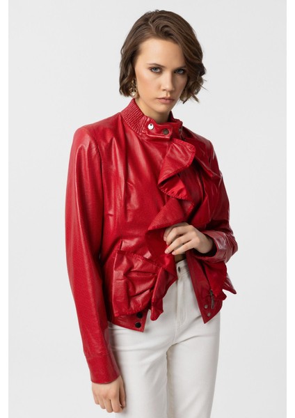 Kırmızı Farah Yandan Fermuarlı Fırfır Detaylı Astarlı Kadın Hakiki Deri Mont modelleri
