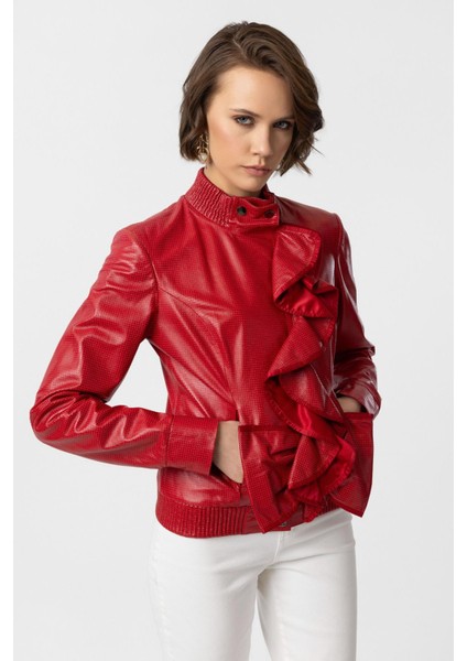 Kırmızı Farah Yandan Fermuarlı Fırfır Detaylı Astarlı Kadın Hakiki Deri Mont fırsatları