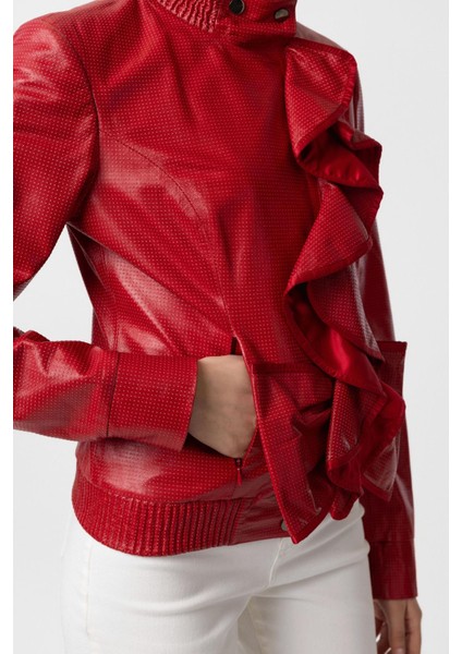 Kırmızı Farah Yandan Fermuarlı Fırfır Detaylı Astarlı Kadın Hakiki Deri Mont indirimleri