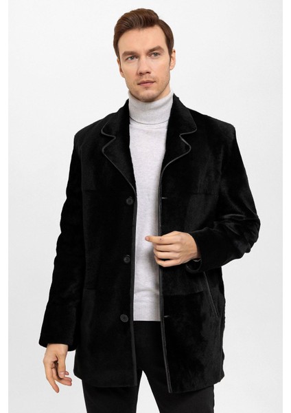 Siyah Richard Astarlı Erkek Deri Kürk Kaban