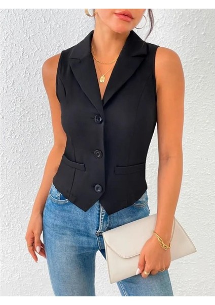 Kadın Kolsuz Yakalı Önden Düğmeli Atlas Yelek