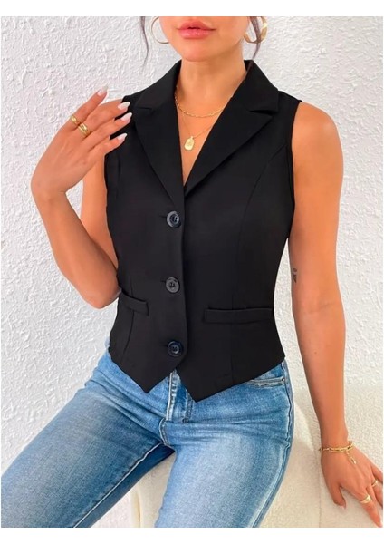 Kadın Kolsuz Yakalı Önden Düğmeli Atlas Yelek fiyatları