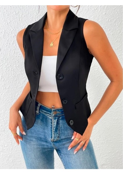 Kadın Kolsuz Yakalı Önden Düğmeli Atlas Yelek modelleri