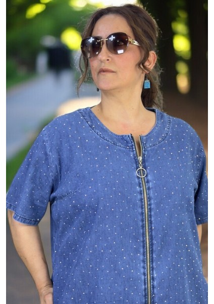 Önden Boydan Fermuarlı Taş Işlemeli Cepli Kısa Kol Büyük Beden Jean Kot Elbise fiyatları