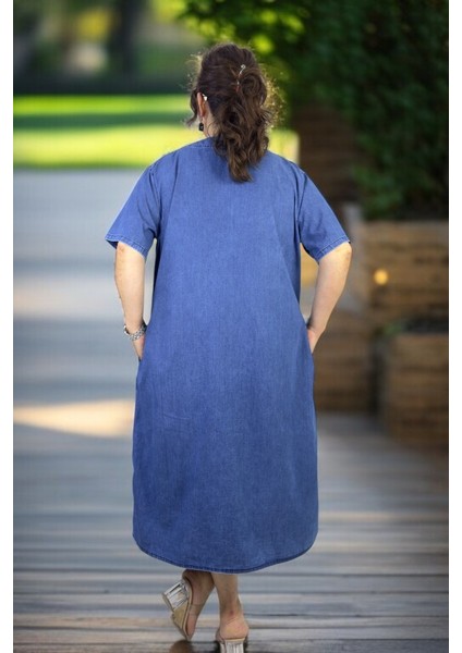 Önden Boydan Fermuarlı Taş Işlemeli Cepli Kısa Kol Büyük Beden Jean Kot Elbise modelleri