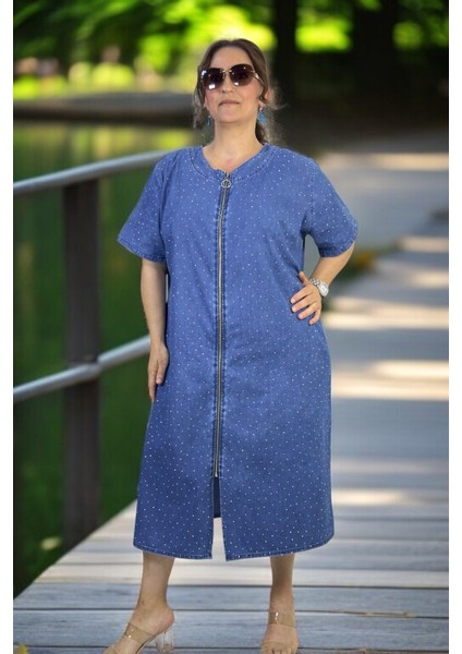 Önden Boydan Fermuarlı Taş Işlemeli Cepli Kısa Kol Büyük Beden Jean Kot Elbise fırsatları