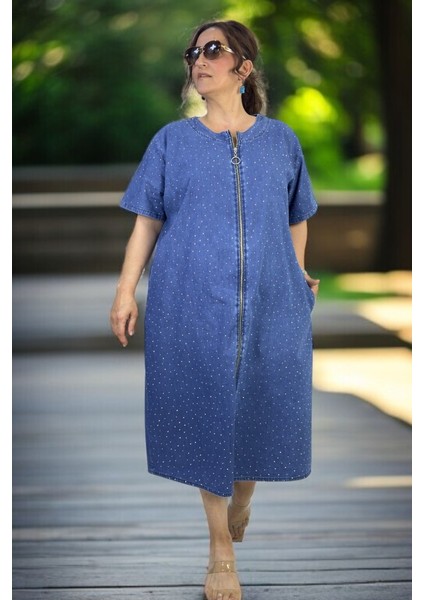 Önden Boydan Fermuarlı Taş Işlemeli Cepli Kısa Kol Büyük Beden Jean Kot Elbise indirimleri