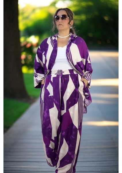 Oversıze Kesim Pamuklu Yazlık Kumaş Önden Düğmeli Gömlek Beli Lastikli Pantolon Büyük Mor