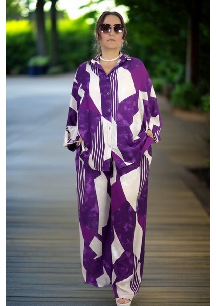 Oversıze Kesim Pamuklu Yazlık Kumaş Önden Düğmeli Gömlek Beli Lastikli Pantolon Büyük Mor fiyatları