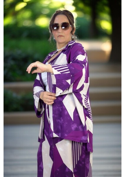 Oversıze Kesim Pamuklu Yazlık Kumaş Önden Düğmeli Gömlek Beli Lastikli Pantolon Büyük Mor modelleri