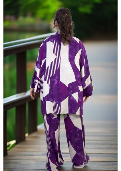 Oversıze Kesim Pamuklu Yazlık Kumaş Önden Düğmeli Gömlek Beli Lastikli Pantolon Büyük Mor fırsatları