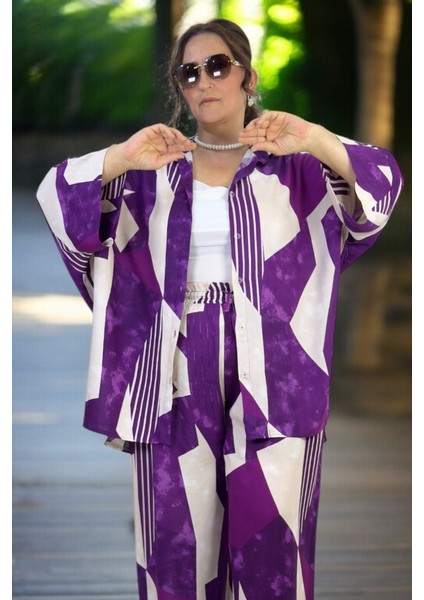 Oversıze Kesim Pamuklu Yazlık Kumaş Önden Düğmeli Gömlek Beli Lastikli Pantolon Büyük Mor indirimleri