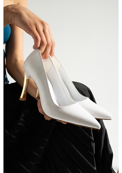 Beyaz Rugan Stiletto Konforlu Günlük ve Özel Gün Kadın Topuklu Ayakkabı