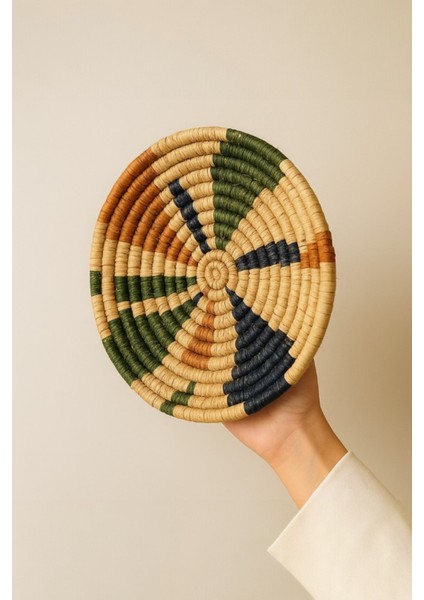 Doğal Hasır Renkli Duvar Dekoru, El Yapımı Yuvarlak Örgü, Duvar Tabağı, Bohem Duvar Süsü, 30 cm