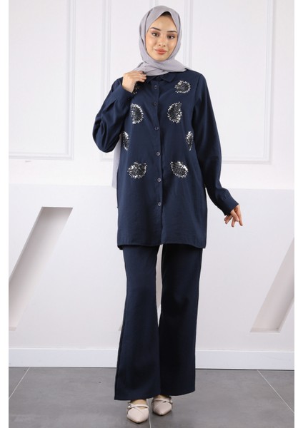 Lacivert Boncuk Işlemeli Tunik Pantolonlu Takım