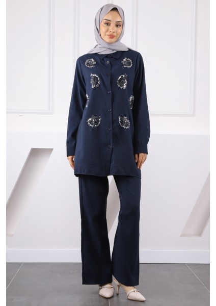 Lacivert Boncuk Işlemeli Tunik Pantolonlu Takım fiyatları