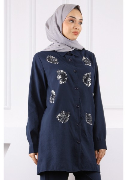 Lacivert Boncuk Işlemeli Tunik Pantolonlu Takım fırsatları