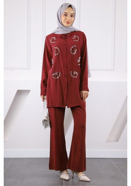 Bordo Boncuk Işlemeli Tunik Pantolonlu Takım fiyatları