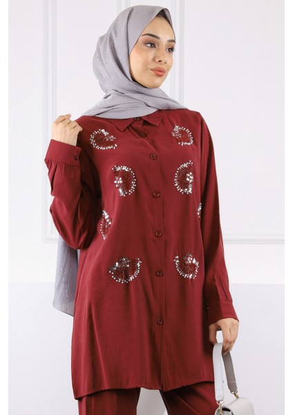 Bordo Boncuk Işlemeli Tunik Pantolonlu Takım fırsatları