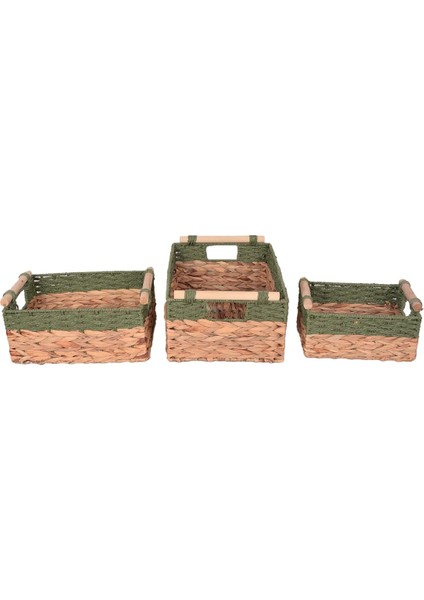 Dekoratif Water Hyacinth / Su Sümbülü Dikdörtgen Yeşil Detaylı Ahşap Kulplu Sepet 3'lü Takım Set