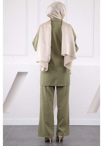 Haki Boncuk Işlemeli Tunik Pantolonlu Takım modelleri