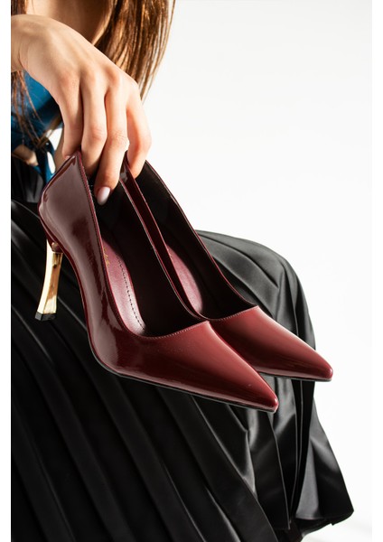Bordo Rugan Stiletto Konforlu Günlük ve Özel Gün Kadın Topuklu Ayakkabı