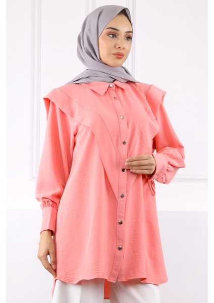 Pembe Ön Detaylı Kol Bağlamalı Tunik