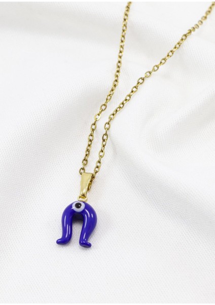 Minimal Lacivert Nazarlı Murano Nal Kolye, Hediyelik Kolye (60 Cm)