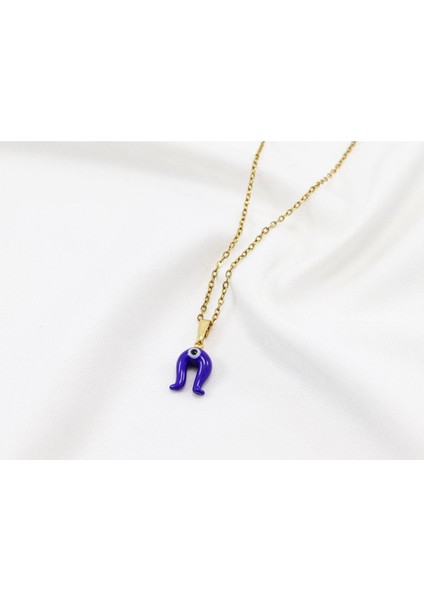 Minimal Lacivert Nazarlı Murano Nal Kolye, Hediyelik Kolye (60 Cm)
