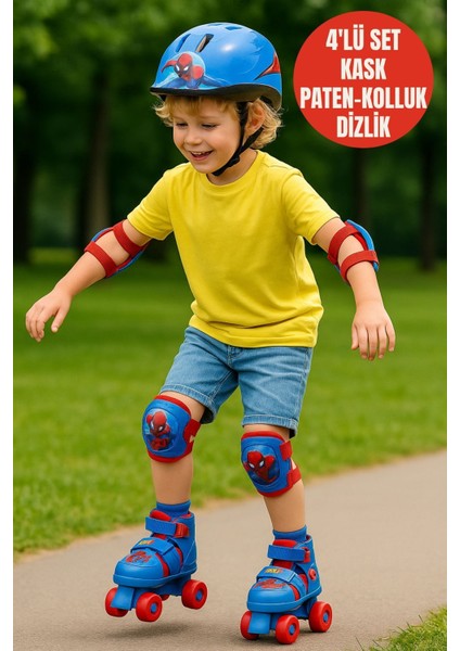 Spiderman Çantalı Kask, Dizlik ve Dirseklikli 4 Teker Paten Seti - 22 - 29 Numara Için Ayarlanabilir