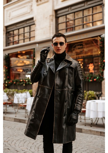 Erkek Hakiki Deri Eskitme Trençkot