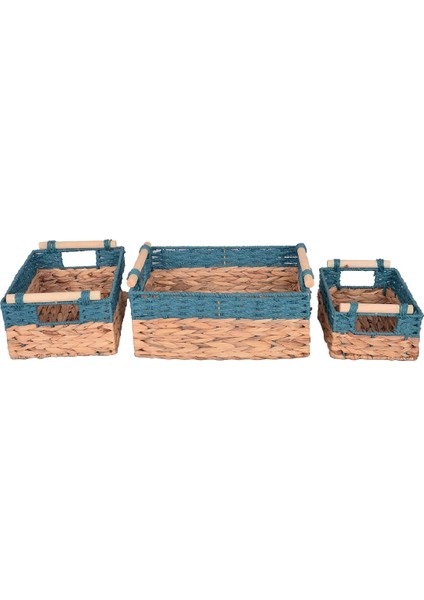 Dekoratif Water Hyacinth / Su Sümbülü Dikdörtgen Mavi Detaylı Ahşap Kulplu Sepet 3'lü Takım Set